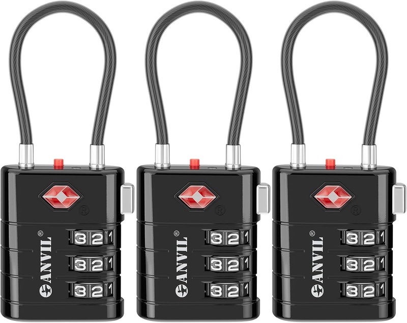 Anvil TSA Approved Luggage Locks – High Security TSA008 Combination Travel Locks with Inspection Indicator for Suitcases and Backpacks. (3, Black) - Image 1